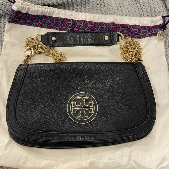 Tory Burch Amanda Crossbody Black Leather Logo Bag - Picture 1 of 14